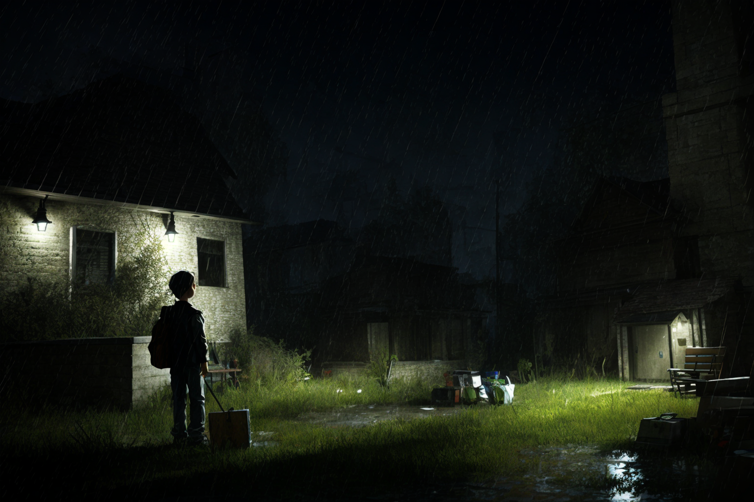 00631-3775693610-conceptual art, Euro-American realism, , rain, scenery, grass, outdoors, 1boy, night, building__lora_Scary scenes_0.8_,.png